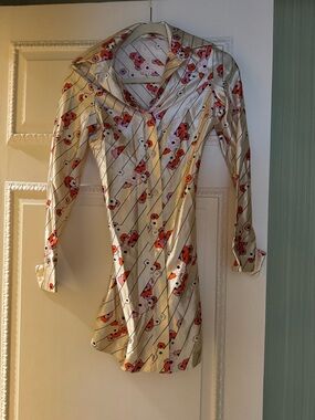 Vintage 70s Cream Floral Button-Up Dress Shirt